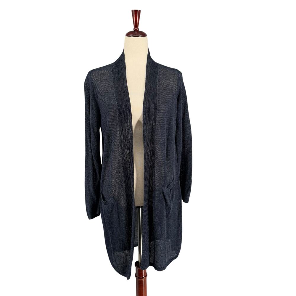 J Jill Linen Blend Sheer Open Front Longline Cardigan Sweater M Blue